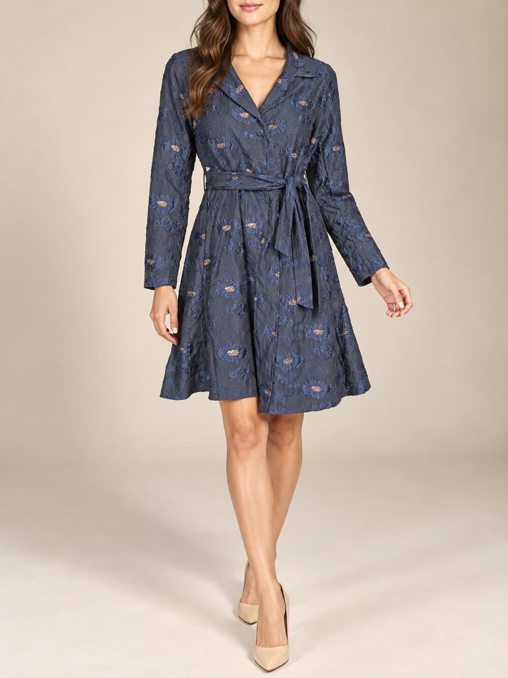 Abbey Glass Coat Dress Womens Medium Navy Jacquard Slip Floral Belt Shirtdress